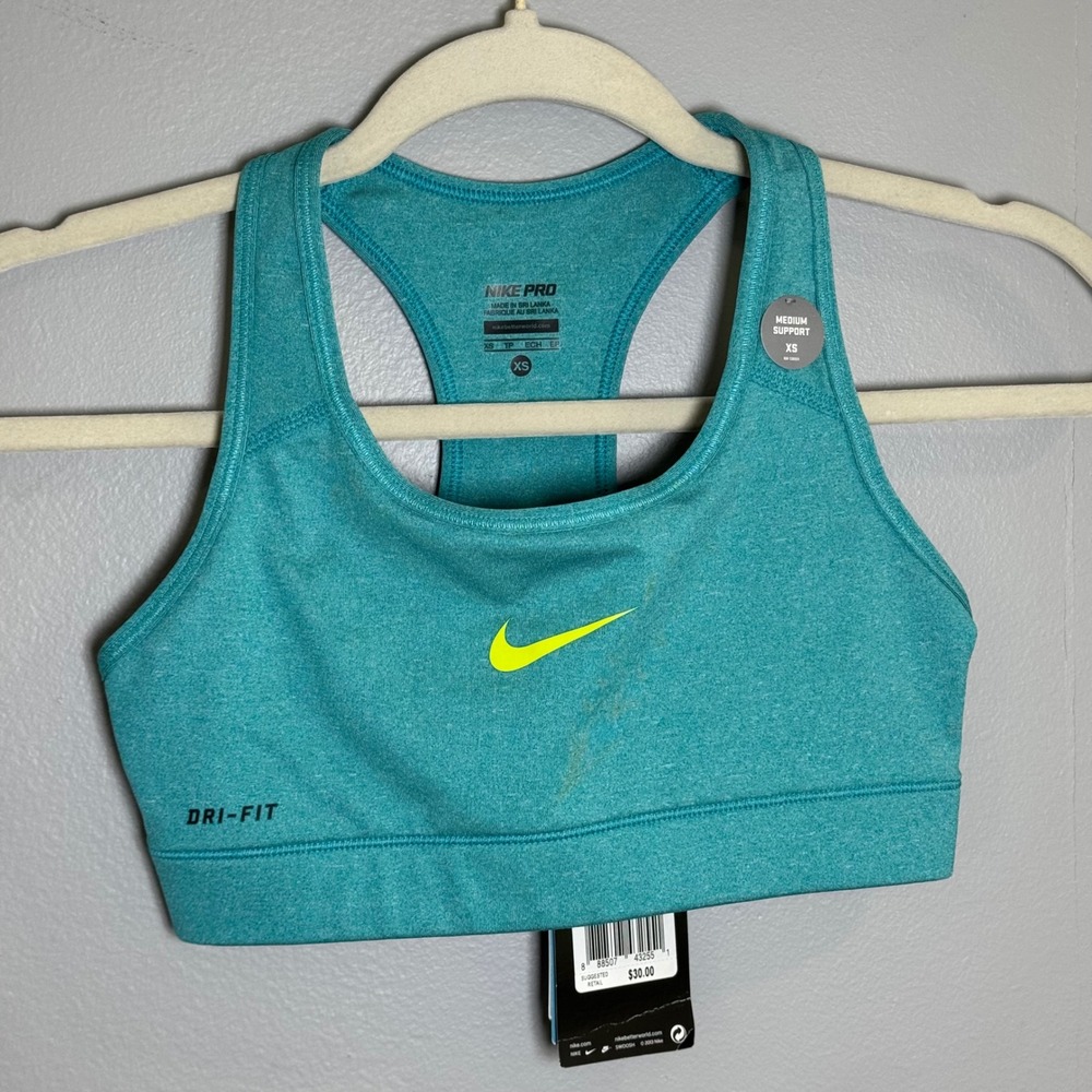 Nike Pro Womens Dri-FIT Medium Support Racerback Sports Bra Teal Heather XS NEW